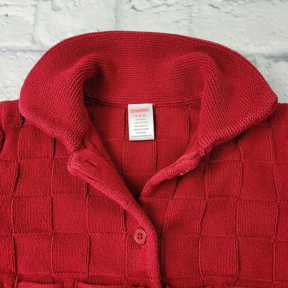 Gymboree Girl's Red Basketweave Button Front Sweater Holiday Pom Poms sz Small